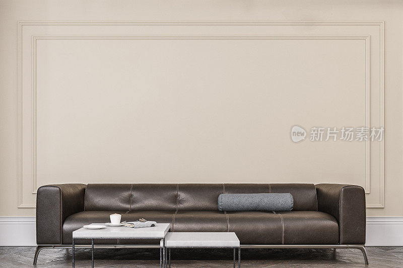 舒适复古别致的内饰，黑色皮质沙发垫，镶板墙饰，50 - 60年代装饰